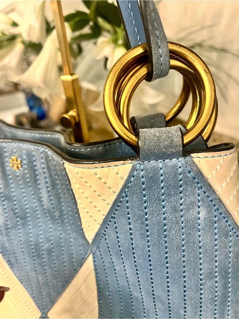 Tory Burch Patchwork suede blue and white Farrah tote - Picture 13 of 16